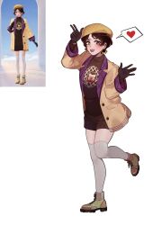  1girl absurdres beret brown_dress brown_eyes brown_gloves brown_hair brown_hat brown_jacket brown_shoes character_request commentary copyright_request dress earrings english_commentary eyelashes full_body game_screenshot_inset gloves grey_thighhighs hat highres honeycomb_(pattern) honeycomb_print infinity_nikki jacket jewelry lips long_sleeves nikki_(series) open_clothes open_jacket open_mouth red_lips reference_inset screenshot_inset shoelaces shoes short_hair smile solo standing standing_on_one_leg sunnypoppy teeth thigh-highs unmoving_pattern upper_teeth_only 