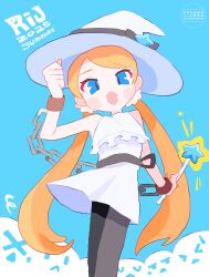  >_< 1girl 2025 :< absurdres black_bow black_pantyhose black_sash blonde_hair blue_background blue_eyes bound bound_wrists bow chain commentary copyright_name cuffs d: dress dx fang frilled_dress frills hair_ornament hair_scrunchie hat hat_bow hat_ornament highres holding holding_wand long_hair looking_at_viewer low_twintails noniha open_mouth pantyhose parted_bangs people rta-chan rta_in_japan sash scrunchie shackles short_dress skin_fang sleeveless sleeveless_dress solo_focus squiggle standing star_(symbol) star_hat_ornament star_wand sweatdrop twintails twitter_username very_long_hair wand watermark white_dress white_hat white_scrunchie witch_hat 