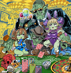  2girls 5boys arm_on_another's_head business_suit card casino colored_skin commentary_request cup drinking_glass goblin grabbing_another's_necktie green_skin height_difference holding holding_tray kafun multiple_boys multiple_girls necktie orc original playboy_bunny playing_card pointy_ears rabbit_boy roulette skull standing_on_object suit sunglasses tray 
