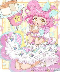  1girl blue_bow blue_dress bow chii_(chi_pppuri) commentary_request double_bun dress drooling earrings eating food frilled_bow frilled_dress frills hair_bow hair_bun hair_ornament heart heart_hair_ornament highres holding holding_food jewelry kiracchu_(pri_chan) kiratto_pri_chan medium_hair multicolored_dress open_mouth pink_dress pink_hair plate pretty_series puffy_short_sleeves puffy_sleeves shoes short_sleeves solo star-shaped_pupils star_(symbol) star_earrings striped_clothes striped_dress symbol-shaped_pupils white_dress white_shoes white_wrist_cuffs wrist_cuffs yellow_dress yellow_eyes 