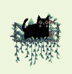  animal animal_focus black_cat cat cat_loaf decomposedmaw flower flower_pot green_leaf hanging_plant leaf looking_to_the_side no_humans on_shelf original pixel_art plant potted_plant red_flower shelf sitting whiskers white_background 