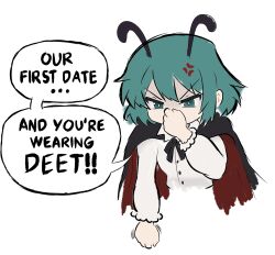  1girl anger_vein angry antennae black_cape cape commentary english_commentary english_text green_eyes green_hair highres long_sleeves looking_at_viewer medium_hair red_cape simple_background solo speech_bubble touhou two-sided_cape two-sided_fabric upper_body white_background wriggle_nightbug xinumizu 