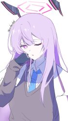 1girl artist_name black_gloves blue_archive bright_pupils commentary_request dress_shirt floating_headgear gloves grey_vest halo hand_on_own_cheek hand_on_own_face headgear highres jacket jacket_on_shoulders karubo long_hair long_sleeves looking_at_viewer one_eye_closed purple_hair purple_halo shirt simple_background solo twitter_username upper_body utaha_(blue_archive) vest violet_eyes white_background white_jacket white_pupils white_shirt 