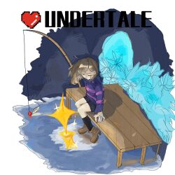 1other bandaged_hand bandages black_shorts black_socks blue_flower blue_sweater boots brown_boots brown_hair chinese_commentary closed_eyes commentary_request copyright_name dock double_horizontal_stripe echo_flower fishing_rod flower frisk_(undertale) heart highres pixel_heart qidian0509 red_soul_(utdr) shorts sitting socks soul_(utdr) sweater undertale utdr_(toby_fox) water