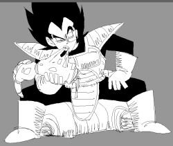  1boy black_hair boots corpse cosplay derivative_work dragon_ball dragon_ball_z eating gloves grey_background hand_on_own_thigh male_focus monkey_boy oekaki saiyan saiyan_armor scouter shoulder_pads simple_background sitting_on_another's_back spiky_hair tail tail_around_own_waist tail_wrap teknodice vegeta vegeta_(cosplay) white_boots white_gloves widow's_peak 