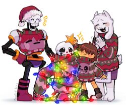  1girl 1other 2022 2boys 2d =_= ^_^ ambiguous_gender animal_ears animal_nose anthro armor artist_name barefoot blue_shorts body_fur boots brothers brown_hair brown_shoes brown_shorts character_print child christmas christmas_lights christmas_star christmas_sweater closed_eyes digital_media droopy_ears everyone fangs female floppy_ears frisk_(undertale) frostedbeess full_body fur-trimmed_hat fur_trim furry furry_female gloves goat goat_ears goat_girl goat_horns goat_tail green_sweater hand_on_own_hip hat heart height_difference hip_bones holding holding_star hollow_eyes horizontal-striped_clothes horns human humanoid long_sleeves male mammal monster monster_boy monster_girl multiple_boys notice_lines open_mouth oversized_clothes own_hands_together palms_together papyrus_(undertale) pink_slippers purple_robe red_boots red_gloves red_hat robe sans_(undertale) santa_hat shoes short_hair shorts siblings signature simple_background skeleton skin_fangs sleeves_past_fingers sleeves_past_wrists slippers smile sneakers socks sparkle spine standing striped_clothes striped_sweater sweater tail tail_tuft teeth toriel tree-topper turtleneck turtleneck_sweater undead undersized_clothes undertale utdr_(toby_fox) white_armor white_background white_fur white_horns white_socks yellow_trim 