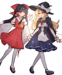  2girls alternate_costume ascot black_cape black_corset black_hat black_shoes black_wrist_cuffs blonde_hair blue_skirt bow brown_hair cape collared_shirt commentary corset detached_sleeves frilled_hair_tubes frilled_wrist_cuffs frills full_body hair_bow hair_tubes hakurei_reimu hat hat_bow heart heart_of_string highres holding_another's_wrist kirisame_marisa long_hair multiple_girls necktie open_mouth pantyhose red_bow red_eyes red_necktie red_skirt sandals shirt shoes simple_background skirt skirt_set smile string string_of_fate touhou white_background white_bow white_pantyhose white_shirt witch_hat wrist_cuffs yellow_ascot yellow_eyes yuki6220821 yuri 