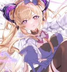  1girl arknights arknights:_endfield blue_bow blue_gloves blush bow bowtie breasts brown_hair commentary gloves hair_bow hairband highres horns large_breasts liino_(arknights) long_hair offering_hand partially_fingerless_gloves pingo pink_bow pink_bowtie pointy_ears purple_hairband school_uniform solo star-shaped_pupils star_(symbol) symbol-shaped_pupils tongue tongue_out violet_eyes 