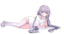  1girl absurdres blush bra_strap full_body grey_hair hair_over_one_eye highres hololive hololive_english koseki_bijou koseki_bijou_(pebble_pajamas) long_hair looking_at_viewer low_twintails lying on_side shirohodo shirt single_thighhigh sleep_mask smile t-shirt thigh-highs twintails violet_eyes virtual_youtuber white_background white_shirt 