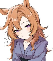  ... 1girl amano_(amano_miko) animal_ears bath_yukata blush breasts closed_mouth collarbone frown grey_kimono hair_between_eyes highres horse_ears horse_girl japanese_clothes kimono long_hair looking_at_viewer orange_hair simple_background solo spoken_ellipsis t.m._opera_o_(umamusume) umamusume violet_eyes white_background yukata 