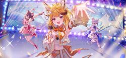 3girls absurdres aerial_fireworks animal_ear_fluff animal_ears artist_request ascot atelier_(series) atelier_resleriana bare_shoulders belt black_hair blonde_hair blue_ascot blue_gloves bow bowtie bracelet breasts buckle cat_ears cat_girl closed_eyes collared_shirt detached_sleeves fireworks fox_ears fox_girl fox_shadow_puppet frilled_skirt frilled_sleeves frills game_asset gloves hair_bow hair_ornament hand_on_own_hip heart heart-shaped_buckle high_heels highres holding holding_microphone idol idol_clothes izana_kokoschka jewelry johanna_(atelier) kimon_(atelier) medium_breasts medium_hair microphone midriff mole mole_under_eye mouse_ears multiple_girls navel necktie non-web_source official_art open_mouth orange_bow orange_bowtie plaid_clothes plaid_skirt puffy_detached_sleeves puffy_short_sleeves puffy_sleeves red_eyes red_necktie scrunchie shirt short_hair short_sleeves single_glove skirt smile star_(symbol) star_hair_ornament violet_eyes white_belt white_scrunchie white_skirt wrist_scrunchie 