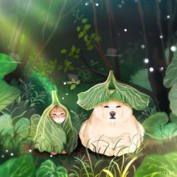  animal animal_focus cat closed_eyes closed_mouth commentary dog english_commentary foliage forest grass highres leaf leaf_on_head light_particles light_rays nature no_humans orange_cat original outdoors painterly photo-referenced plant procreate_(medium) relaxing scenery shiba_inu sitting titsay tree weeds 