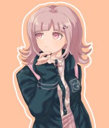  1girl breasts brown_background brown_hair collared_shirt danganronpa_(series) danganronpa_2:_goodbye_despair dress_shirt flipped_hair hair_ornament highres hood jacket long_sleeves looking_to_the_side medium_breasts medium_hair mucho118 nanami_chiaki neck_ribbon open_clothes open_jacket pink_eyes pink_ribbon ribbon shirt simple_background skirt sleeves_past_wrists solo standing two-tone_shirt white_shirt 