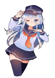  1girl adjusting_clothes adjusting_headwear anchor_symbol black_hat black_sailor_collar black_skirt black_thighhighs blue_eyes blue_hair blue_nails cowboy_shot cropped_legs dated double-parted_bangs eto_(etonomemo1008) flat_cap hair_between_eyes hand_up hat hat_pin hibiki_(kancolle) highres kantai_collection long_hair long_sidelocks long_sleeves looking_at_viewer miniskirt nail_polish neckerchief one_eye_closed pleated_skirt red_neckerchief sailor_collar school_uniform serafuku shirt sidelocks signature simple_background skindentation skirt solo thigh-highs twitter_username upper_body very_long_hair white_background white_shirt zettai_ryouiki 