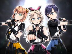  3girls absurdres backlighting black_hairband black_jacket black_necktie black_skirt blonde_hair blue_eyes blue_hair bow bow_hairband braid clenched_hand collared_shirt commentary_request cowboy_shot green_eyes hair_bow hair_ornament hair_over_shoulder hairband hasu_no_sanrenka highres hinoshita_kaho holding holding_microphone i_do_me!_(love_live!) jacket light_particles love_live! love_live!_hasu_no_sora_jogakuin_school_idol_club microphone multiple_girls murano_sayaka necktie open_clothes open_jacket orange_hair osawa_rurino outstretched_arm parted_lips pink_bow shirt short-sleeved_jacket short_sleeves single_braid single_sleeve skirt sleeveless sleeveless_jacket takanashi_ayato virtual_youtuber white_shirt x_hair_ornament 