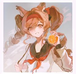  1girl absurdres alternate_costume angelina_(arknights) animal_ears arknights black_sailor_collar border brown_eyes brown_hair chinese_commentary commentary_request food fox_ears fox_girl fruit hairband highres holding holding_food holding_fruit long_hair long_sleeves looking_at_viewer neckerchief orange_(fruit) red_hairband red_neckerchief redian_bo sailor_collar shirt sky smile solo twintails upper_body white_border white_shirt 