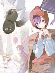  1boy balloon book brown_jacket brown_shorts dot_nose double-parted_bangs flower frown hair_between_eyes hands_up head_tilt headscarf highres holding holding_plate indian_style jacket jacket_on_shoulders lapels laughing light_blush long_sleeves male_focus mole mole_under_eye mouse_(animal) multiple_views notched_lapels orange_headscarf orange_sweater_vest oto_rainy parted_bangs picnic picnic_basket picnic_blanket plaid_clothes plaid_headscarf plaid_jacket plate shirt shoe_soles shorts sitting skoshism sne_noo sweater_vest tree upper_body utaite violet_eyes virtual_youtuber walking white_shirt 