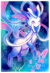  alternate_color border bright_pupils bug butterfly closed_mouth commentary_request kantarou_(8kan) looking_at_viewer no_humans one_eye_closed pokemon pokemon_(creature) shiny_pokemon signature solo sylveon white_border white_pupils 