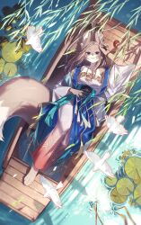  1girl animal_ear_fluff animal_ears animal_feet animal_nose barefoot bird blue_eyes body_fur breasts brown_fur brown_hair clothing_request collarbone commentary_request dove fox_ears fox_girl furry furry_female hand_on_own_head hand_on_own_stomach highres kawarage_yatano light_smile lily_pad long_hair looking_at_viewer lying middle_part nature on_back original parted_lips pawpads two-tone_fur water white_fur 