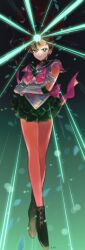  1girl arms_across_body artist_name back_bow bishoujo_senshi_sailor_moon bishoujo_senshi_sailor_moon_supers bow bowtie breasts brooch brown_hair choker circlet closed_mouth commentary_request crossed_ankles falling_leaves floating_hair full_body gloves glowing gradient_hair green_background green_choker green_eyes green_shoes green_skirt hand_on_own_arm hand_on_own_elbow heart heart_brooch highres jewelry kino_makoto leaf leotard long_hair long_legs looking_at_viewer magical_girl medium_breasts miniskirt multicolored_hair p_m_ame pink_bow pink_bowtie pleated_skirt ponytail sailor_jupiter shoes skirt smile solo star_(symbol) star_choker super_sailor_jupiter thighs white_gloves white_leotard 