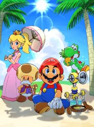  1girl 1other 2boys beach blonde_hair blue_eyes blue_overalls blue_sky brown_hair brown_shoes clouds commentary crown dress earrings f.l.u.d.d. facial_hair food fruit gloves hat highres jewelry mario multiple_boys mustache open_mouth overalls palm_tree parasol peach pineapple pink_dress ponytail princess_peach red_hat red_shirt shirt shoes sitting sky sleeveless sleeveless_dress sphere_earrings sun sunlight super_mario_bros. super_mario_sunshine toadsworth tree umbrella untranslatable_commentary water white_gloves yamari_(ya_mari_6363) yoshi 