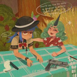  2girls :3 ^_^ absurdres alternate_language artist_name blue_hair bow bowtie brown_hat closed_eyes closed_mouth cloud_print commentary curly_hair english_text fruit_hat_ornament gohei green_hair grmarsa gun handgun hat hat_ornament highres hinanawi_tenshi horns kariyushi_shirt knife komainu_girl komano_aunn leaf_hat_ornament long_hair multiple_girls open_mouth peach_hat_ornament planted planted_knife red_bow red_bowtie red_eyes red_shirt shirt single_horn smile speech_bubble sweatdrop sword_of_hisou table touhou weapon yellow_shirt 