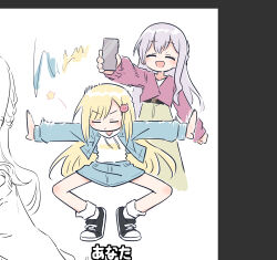  2girls :d ^_^ absurdres bang_dream! bang_dream!_yumemita black_shoes blue_jacket blue_skirt cardigan cat_hair_ornament cellphone closed_eyes green_skirt grey_hair hair_ornament highres holding holding_phone hood hood_down hoodie jacket long_sleeves miyanaga_nonoka multiple_girls nakamachi_arale open_clothes open_jacket open_mouth phone pink_cardigan rhythm_tengoku shirt shoes simple_background skirt smartphone smile unfinished white_background white_hoodie white_shirt yukitake_(bullfalk) 