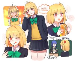  2girls :q ;q adjusting_hair alternate_costume anger_vein angry antenna_hair arcueid_brunestud arm_behind_back armband black_ribbon blonde_hair blue_armband blue_hair blue_jacket blush book bow breasts bright_pupils buttons ciel-sensei ciel_(tsukihime) classroom closed_eyes collared_shirt eating english_text fang flower food glasses green_bow grey_skirt hand_up heart heart-shaped_pupils highres holding holding_book holding_food jacket leaning_forward light_smile looking_at_another looking_at_viewer multiple_expressions multiple_girls one_eye_closed plaid_clothes plaid_skirt red_eyes ribbon school_uniform shade shaded_face shirt short_hair sidelocks single_hair_intake skin_fang skirt smile souya_high_school_uniform sunset symbol-shaped_pupils thighs tongue tongue_out tsukihime tsukihime_(remake) vest white_pupils white_shirt wing_collar yakisoba yellow_vest yorupei 