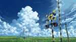  aeuna artist_name bird blue_sky clouds cloudy_sky commentary no_humans original outdoors power_lines railroad_crossing rural scenery sky utility_pole watermark 
