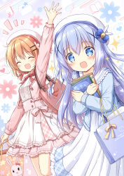  2girls :d ^_^ bag beret blue_eyes blue_flower blue_hair blue_jacket blush closed_eyes commentary_request cropped_jacket flower folder frilled_jacket frilled_skirt frills gochuumon_wa_usagi_desu_ka? hair_between_eyes hair_ornament hairclip hat highres holding holding_bag hoto_cocoa hugging_object jacket kafuu_chino multiple_girls nanase_miori notice_lines open_clothes open_jacket paper_bag pink_flower pink_jacket shirt skirt smile sparkle white_hat white_shirt white_skirt x_hair_ornament 