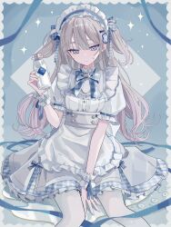  1girl absurdres apron averting_eyes between_legs blue_background blue_bow blue_bowtie blue_eyes blue_ribbon blue_skirt border bottle bow bowtie commentary_request diamond-shaped_pupils diamond_(shape) double-parted_bangs embarrassed feet_out_of_frame frilled_apron frilled_hairband frilled_wrist_cuffs frills gingham_bowtie gingham_clothes gingham_ribbon gingham_skirt glass_bottle gradient_hair grey_background grey_hair hair_between_eyes hair_bow hair_ornament hair_ribbon hairband hand_between_own_legs hand_up highres holding holding_bottle layered_skirt long_hair looking_down maid_apron multicolored_hair nanamiya_ten original outside_border pantyhose petals pink_hair puffy_short_sleeves puffy_sleeves raised_inner_eyebrows ribbon shirt short_sleeves simple_background sitting skirt small_sweatdrop solo sparkle symbol-shaped_pupils two-tone_background two_side_up underbust unmoving_pattern white_apron white_border white_hairband white_pantyhose white_shirt white_skirt white_wrist_cuffs wrist_cuffs 
