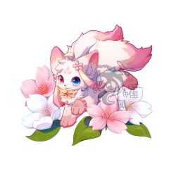  absurdres ahoge animal_ear_fluff artist_logo blue_eyes bow chinese_commentary commentary_request flower furry heterochromia highres light_smile logo looking_at_viewer open_mouth orange_fur original pink_flower pink_fur red_eyes signature solo white_background white_flower white_fur windbiom yellow_bow 