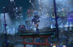  1girl absurdres advarcher asymmetrical_legwear black_jacket boots building city_lights cityscape from_behind garter_straps grey_hair highres holding holding_sword holding_weapon hololive hololive_english hood hooded_jacket jacket katana koseki_bijou lamppost long_sleeves night outdoors power_lines single_garter_strap single_thighhigh skirt skyscraper solo sword thigh-highs uneven_legwear utility_pole virtual_youtuber weapon 