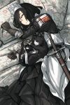  1girl alicia_cole animal apron asterisk_kome bangs bed bed_sheet black_dress black_gloves black_hair cat closed_eyes dress gloves highres long_sleeves lying maid maid_apron maid_headdress on_side open_mouth original pillow sheath sheathed short_hair solo sword weapon white_apron 