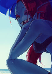  1girl 2d absurdres anthro beach_umbrella bikini black_bikini black_eyepatch blue_eyes blue_skin breasts colored_sclera colored_skin colored_teeth digital_media ear_fins eyepatch eyeshadow female female_only fins fish fish_girl head_fins highres long_hair makeup monster monster_girl noah_(tettsui-sole) one_eye_closed open_mouth red_eyeshadow red_hair sharp_teeth slit_pupils solo swimsuit teeth twitter_username umbrella undertale undyne utdr_(toby_fox) yellow_sclera yellow_teeth 