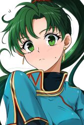  1girl black_undershirt blue_shirt blush breasts cf_wing closed_mouth commentary_request earrings fire_emblem fire_emblem:_the_blazing_blade green_eyes green_hair high_ponytail highres jewelry long_hair looking_at_viewer lyn_(fire_emblem) notice_lines ponytail shirt short_sleeves simple_background solo sweatdrop turtleneck upper_body white_background 