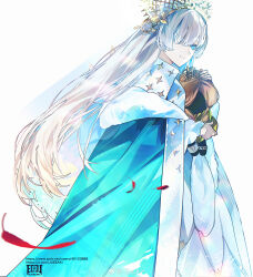  1girl absurdres anastasia_(fate) anastasia_(third_ascension)_(fate) artist_logo blue_cape blue_eyes cape doll dress eeju fate/grand_order fate_(series) grey_hair hair_over_one_eye highres holding holding_doll light_smile logo long_hair tiara very_long_hair viy_(fate) watermark web_address weibo_watermark white_background white_dress 