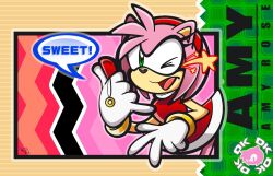  >_o 1girl amy_rose animal_ears animal_nose artist_name bare_shoulders character_name coin cuellarmago2 dress english_text furry furry_female gloves green_eyes hairband hand_up hands_up hedgehog holding jewelry looking_at_viewer one_eye_closed open_mouth outline pink_background pink_fur pink_hair red_dress red_hairband short_dress short_hair sleeveless sleeveless_dress smile solo sonic_(series) sonic_advance_(series) speech_bubble standing star_(symbol) tail tongue turtleneck turtleneck_dress v white_gloves white_outline 