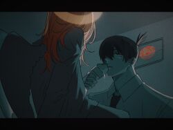  2boys aakisketch angel_devil_(chainsaw_man) black_border black_hair border chainsaw_man closed_mouth commentary dress_shirt earrings halo hayakawa_aki highres holding holding_ice_cream_cone ice_cream_cone jewelry letterboxed long_hair looking_to_the_side male_focus multiple_boys necktie shirt short_hair sitting topknot traditional_halo untranslatable_commentary wings 