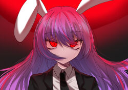  1girl animal_ears black_jacket black_necktie blazer collared_shirt commentary_request jacket long_hair looking_at_viewer necktie oroka_(e7zg5) purple_hair rabbit_ears rabbit_girl red_background red_eyes reisen_udongein_inaba shirt solo touhou upper_body white_shirt 
