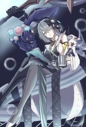  1girl absurdres bare_shoulders breasts bubble camiscilla_(shadowverse) closed_mouth commentary_request crossed_legs cup dog glasses green_eyes headphones highres holding holding_cup lab_coat lanyard ronosoph shadowverse shadowverse:_worlds_beyond short_hair sideboob sitting 