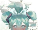  &gt;_&lt; 1girl :3 ^_^ bangs be-bird black_headwear blue_bow blush blush_stickers bow cinnamiku cinnamoroll close-up closed_eyes commentary creature_on_head crossover crown double_bun ear_bow expressionless green_hair grey_eyes hair_bow hair_bun hands_on_own_cheeks hands_on_own_face happy hatsune_miku heart highres looking_at_viewer mini_crown polka_dot polka_dot_background sanrio straight-on tied_ears updo vocaloid white_background 