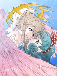  2girls angel_wings artist_name booing6 brown_hair commentary_request curly_hair eye_contact face-to-face feathered_wings green_eyes green_hair grin hairband halo highres idolmaster idolmaster_million_live! looking_at_another multiple_girls pink_eyes pink_wings polka_dot_hairband red_hairband sidelocks smile tenkubashi_tomoka tokugawa_matsuri wings yuri 