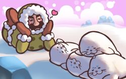  1boy :3 animal beard blush boots cat closed_eyes coat drooling facial_hair fur-trimmed_coat fur_trim gloves hamster hands_on_own_cheeks hands_on_own_face highres hood hood_up lying male_focus minna_no_rhythm_tengoku mittens mustache on_stomach red_gloves red_mittens rhythm_tengoku sandoituti seal_(animal) sleeping snow whiskers white_cat winter_clothes 