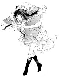  1girl :d adjusting_hair ascot bad_id bad_twitter_id badge blunt_bangs boots buttons clenched_hand dot_nose floating_hair full_body fur-trimmed_jacket fur_trim greyscale hand_on_own_hip hand_up highres invisible_floor jacket jacket_on_shoulders lapels leaning_forward long_hair long_sleeves looking_at_viewer monochrome one_side_up open_mouth orc_gu pleated_skirt sash shoujo_kageki_revue_starlight shoulder_sash signature simple_background single_horizontal_stripe sketch skirt smile solo star_(symbol) striped_clothes striped_skirt tassel tsuyuzaki_mahiru waist_cape walking white_background 