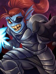  1girl 2024 2d anthro armor armored_boots black_eyepatch blue_skin boots breastplate colored_sclera colored_skin colored_teeth digital_media ear_fins energy_weapon eyepatch female female_only fins fish fish_girl floating_hair foot_up gauntlets head_fins high_ponytail highres holding holding_polearm holding_spear holding_weapon long_hair looking_at_viewer monster monster_girl nightleyarts open_mouth pauldrons polearm ponytail reaching reaching_towards_viewer red_background red_eyes red_hair sharp_teeth slit_pupils solo spear teeth tongue undertale undyne utdr_(toby_fox) weapon yellow_sclera yellow_teeth 