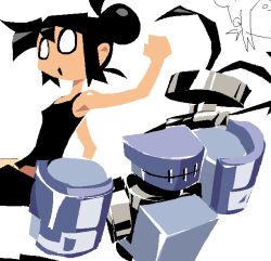  0x383d44_(teknodice) 1girl aqua_armor armor black_armor black_hair black_tank_top blank_eyes collage edith_(teknodice) hair_bun humanoid_robot original pentel_(teknodice) robot short_hair simple_background solid_eyes tank_top teknodice white_background 