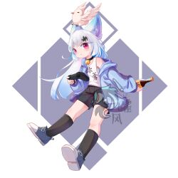  1girl animal_ear_fluff animal_ears bell bird black_collar black_shorts black_socks blue_hair blue_hoodie blue_shoes bottle chinese_commentary chinese_text closed_mouth collar commentary_request controller gradient_hair highres holding holding_bottle holding_controller hood hoodie light_blush long_hair looking_at_viewer multicolored_hair neck_bell original pink_eyes shoes shorts simple_background socks solo tank_top white_tank_top windbiom 