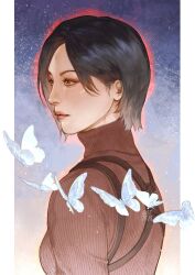  1girl ada_wong artist_name black_hair border brown_eyes bug butterfly chest_harness closed_mouth commentary dress harness highres looking_to_the_side lostcrtters parted_bangs pillarboxed red_dress resident_evil resident_evil_4 resident_evil_4_(remake) ribbed_dress short_hair solo turtleneck turtleneck_dress untranslatable_commentary upper_body white_border 