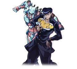  2boys abs alpha_transparency anchor_symbol clenched_hands clenched_teeth crazy_diamond diamond_wa_kudakenai earrings gakuran halftone halftone_background hand_up heart higashikata_josuke highres jewelry jojo_no_kimyou_na_bouken male_focus multiple_boys official_art peace_symbol pointing pointing_at_viewer pompadour school_uniform smile spikes stand_(jojo) stud_earrings teeth transparent_background 